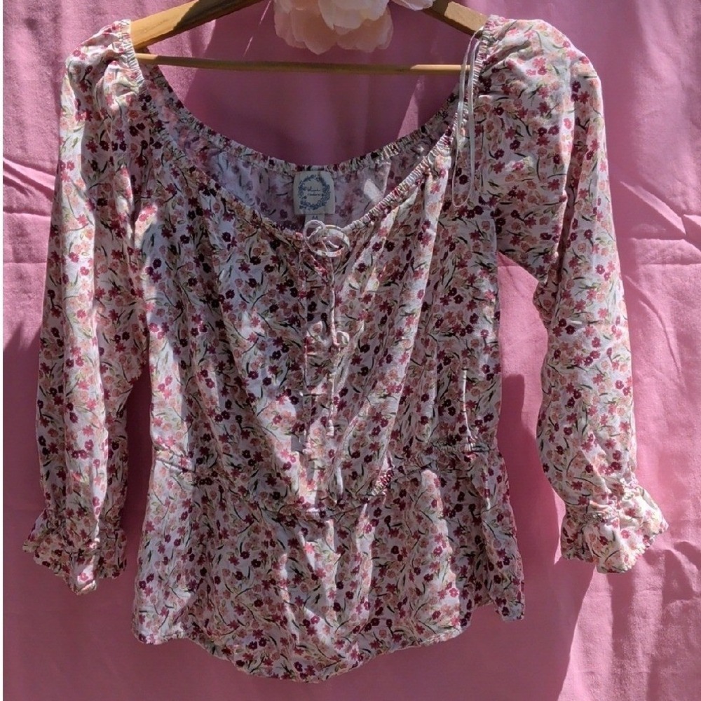 Blue Rain Floral Peasant‎ Blouse in Pink and Cream